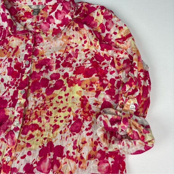 White Stag Women XXL Shirt Pink White Yellow Floral Long Sleeve Roll Tab Cotton - Picture 3 of 6